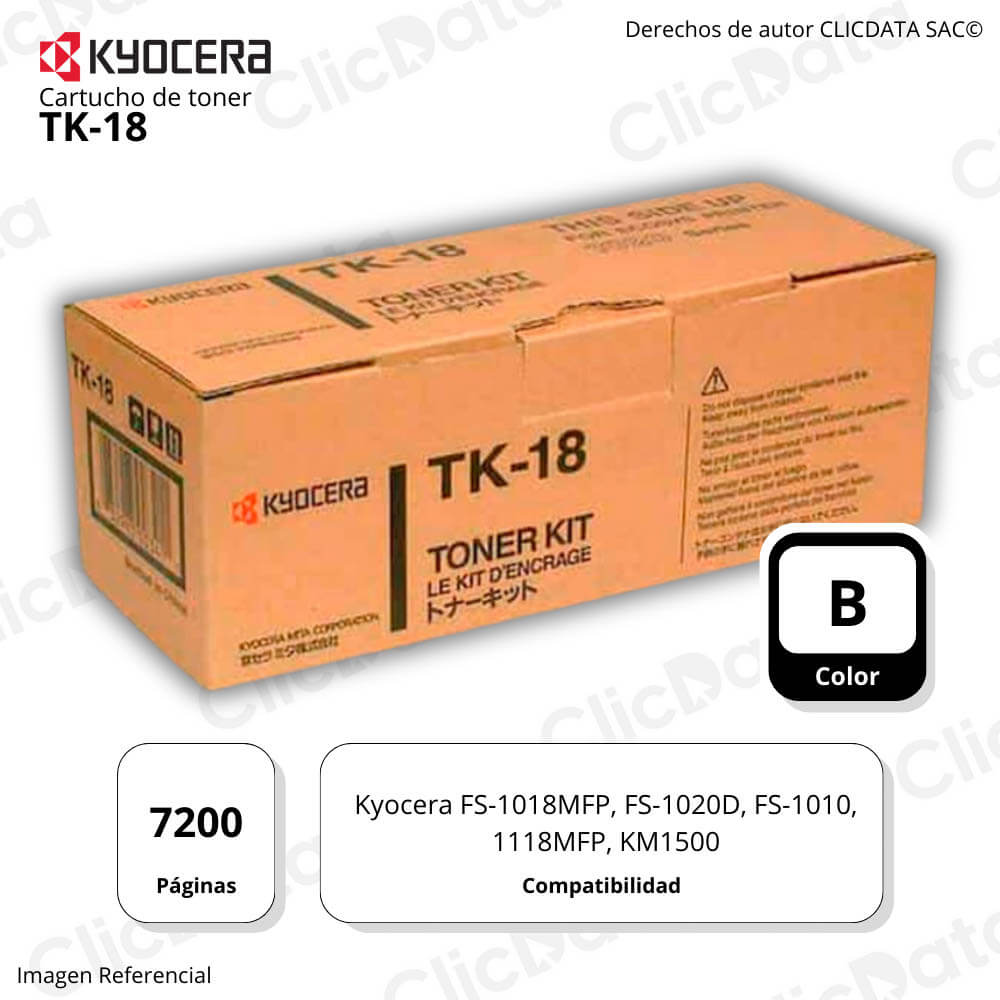Toner Kyocera TK-18 Negro 7,200 Pág. FS1020D, FS1018MFP Original