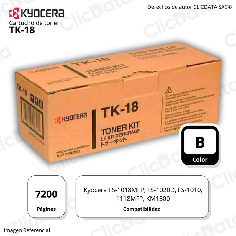 Toner Kyocera TK-18 Negro 7,200 Pág. FS1020D, FS1018MFP Original