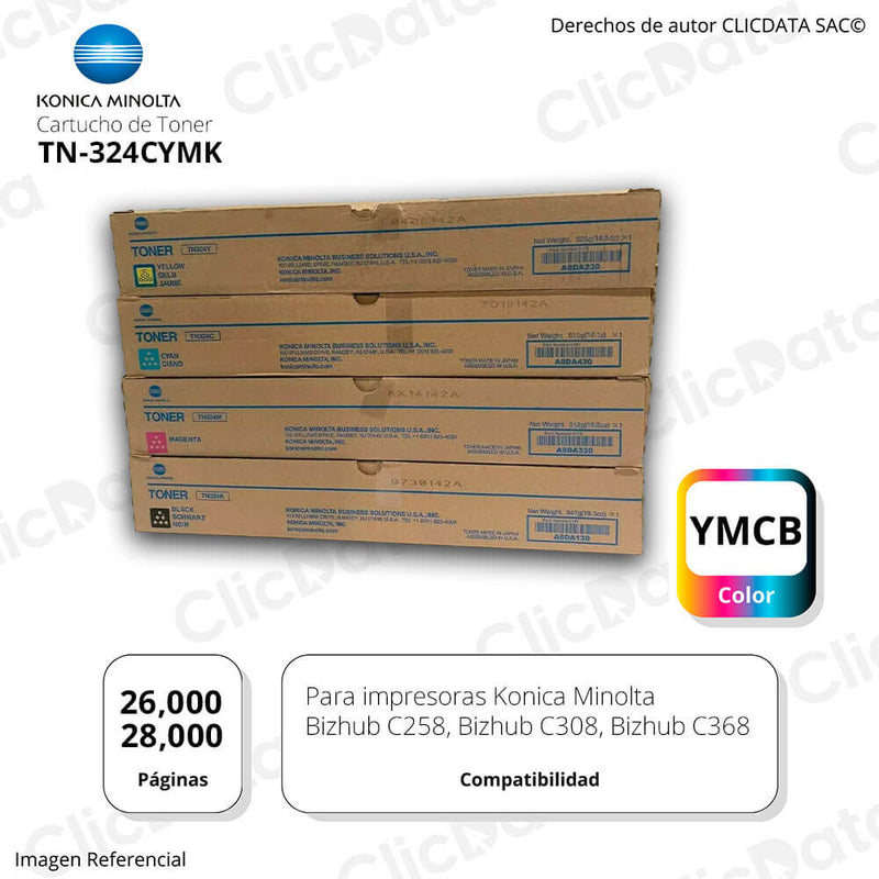 Pack de Toner Konica Minolta TN-324 CYMK C258, C368 Original
