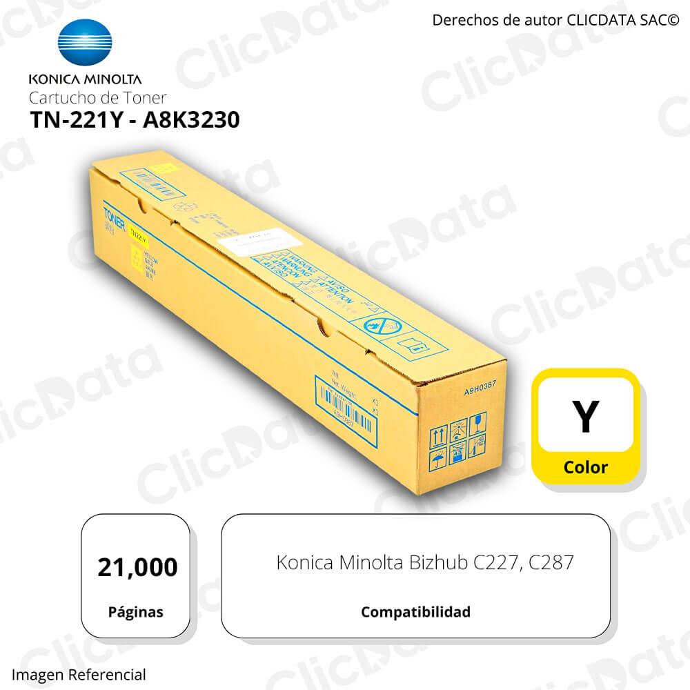 Toner Konica TN 221Y Yellow A8K3230 21K Pág. C287, c227 Original