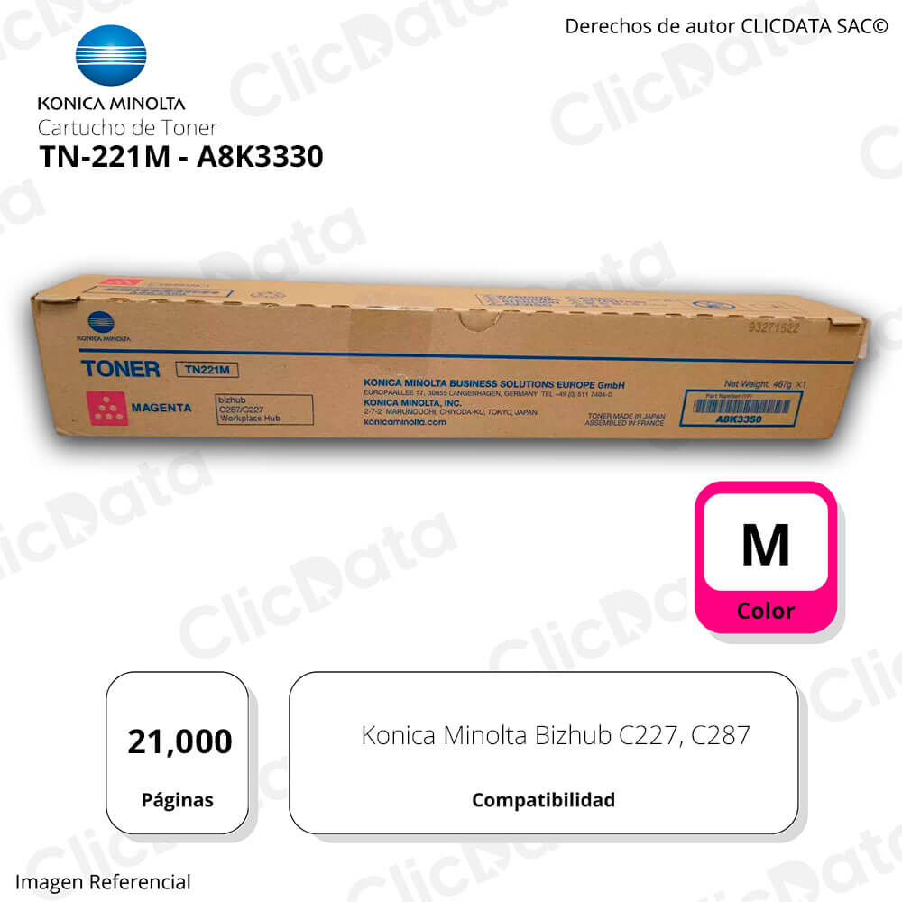 Toner Konica TN 221M Magenta A8K3330 21K Pág. C287, C227 Original