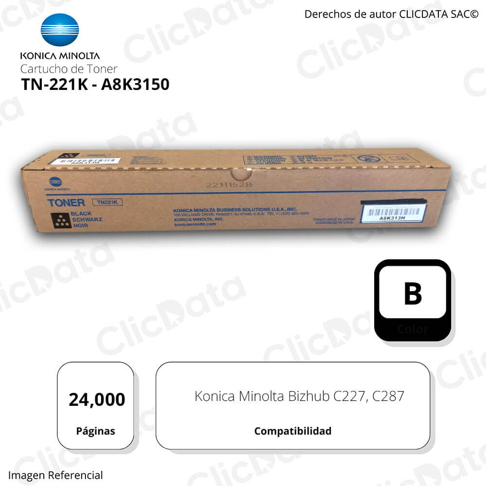 Toner Konica TN 221K Negro A8K3150 24K Pág. C227, C287 Original
