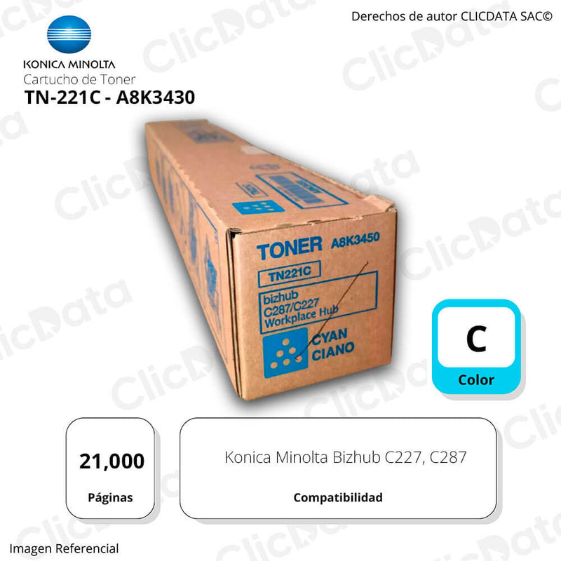 Toner Konica TN 221C Cyan A8K3430 21K Pág. C227, C287 Original