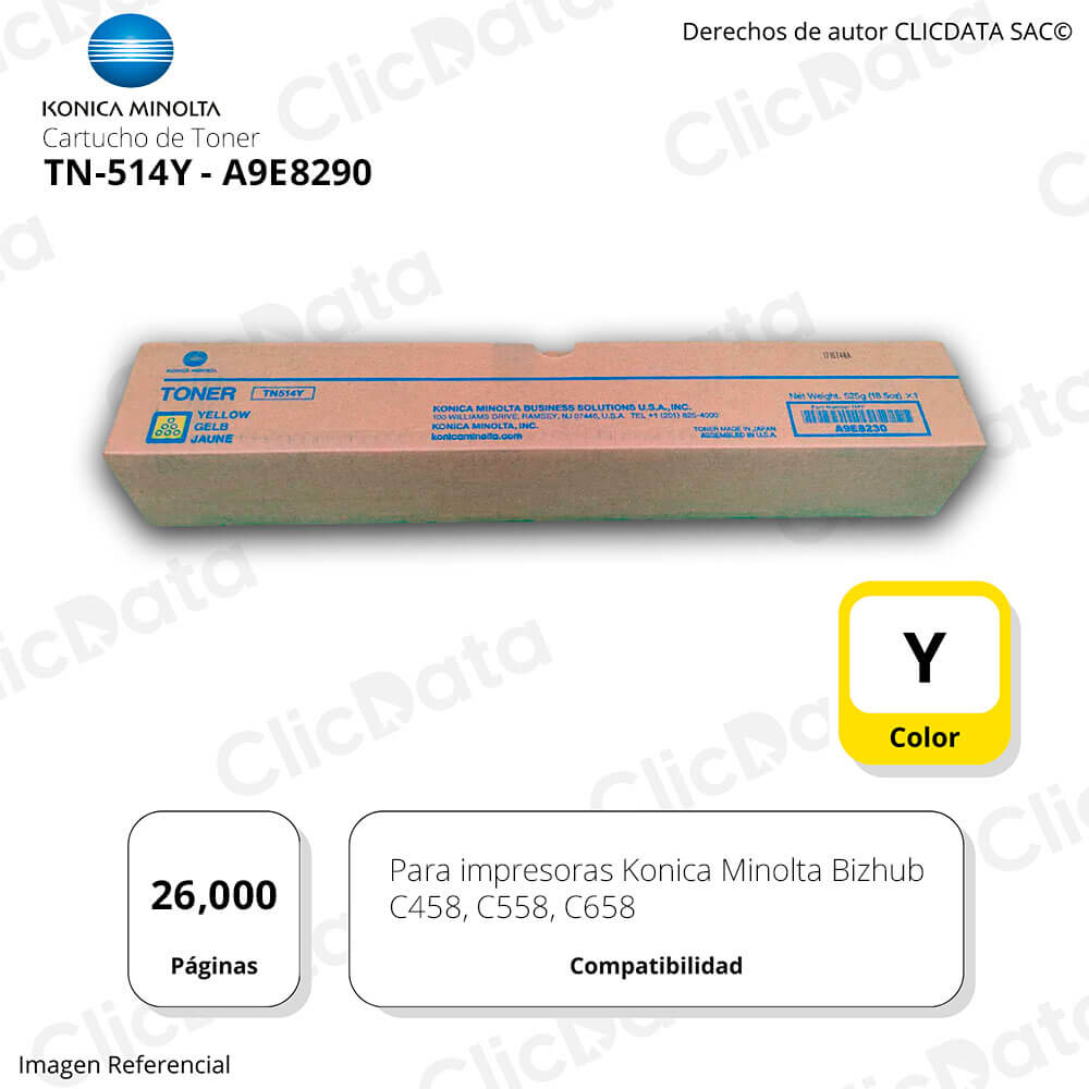 Toner Konica Minolta TN 514Y Yellow 26K Pág. C558, C458 Original