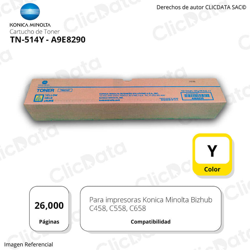 Toner Konica Minolta TN 514Y Yellow 26K Pág. C558, C458 Original