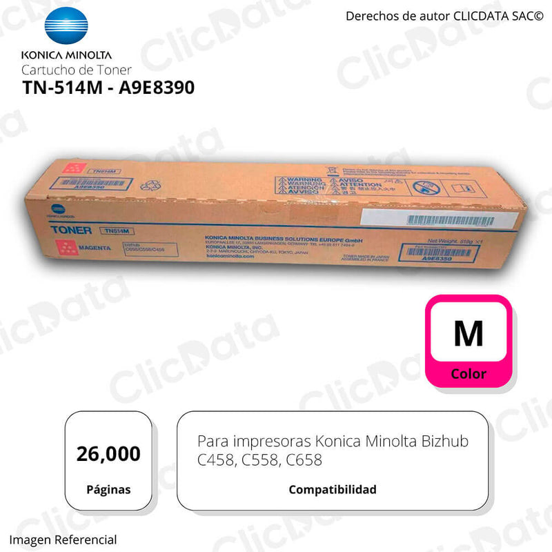 Toner Konica Minolta TN 514M Magenta 26K Pág. C558, C458 Original