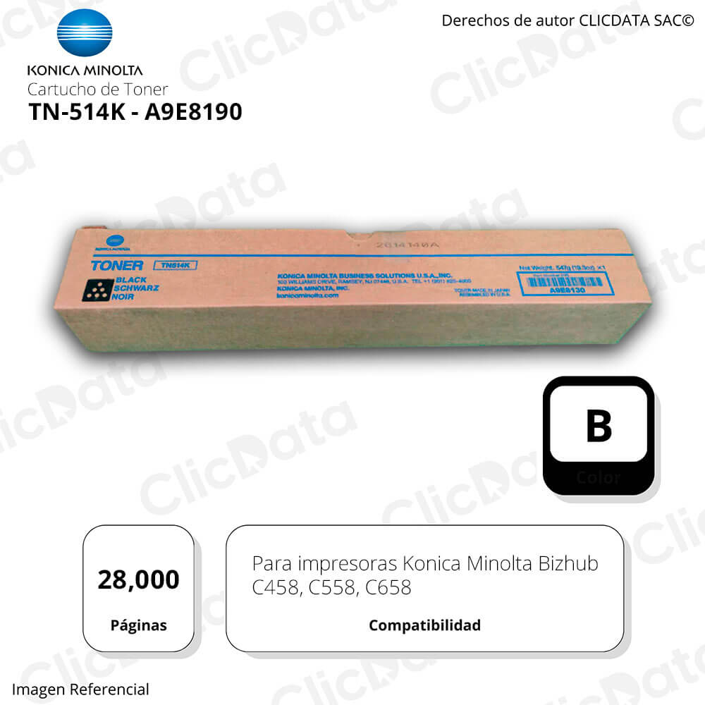Toner Konica Minolta TN 514K Negro 28K Pág. C558, C458 Original