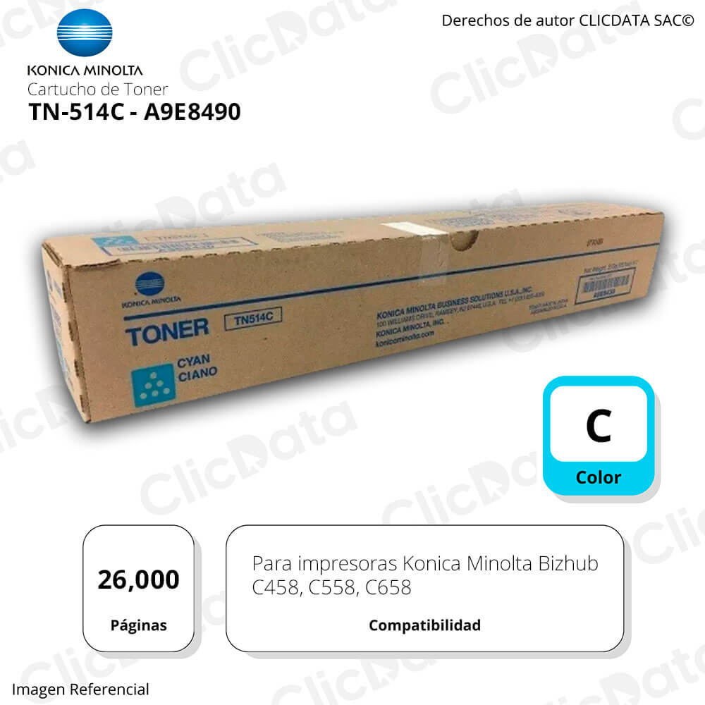 Toner Konica Minolta TN 514C Cyan 26K Pág. C558, C458 Original