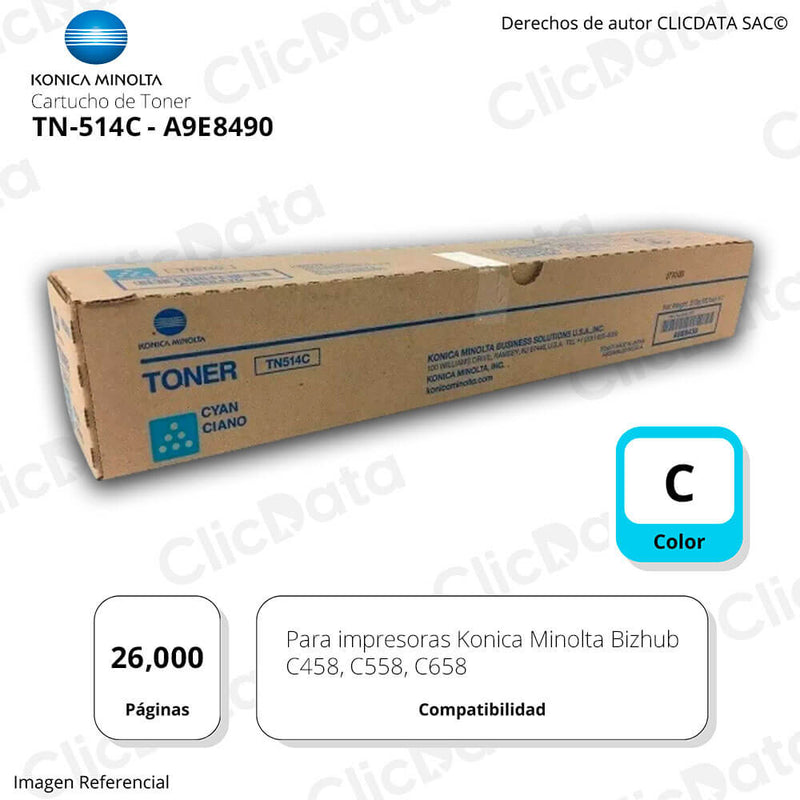 Toner Konica Minolta TN 514C Cyan 26K Pág. C558, C458 Original
