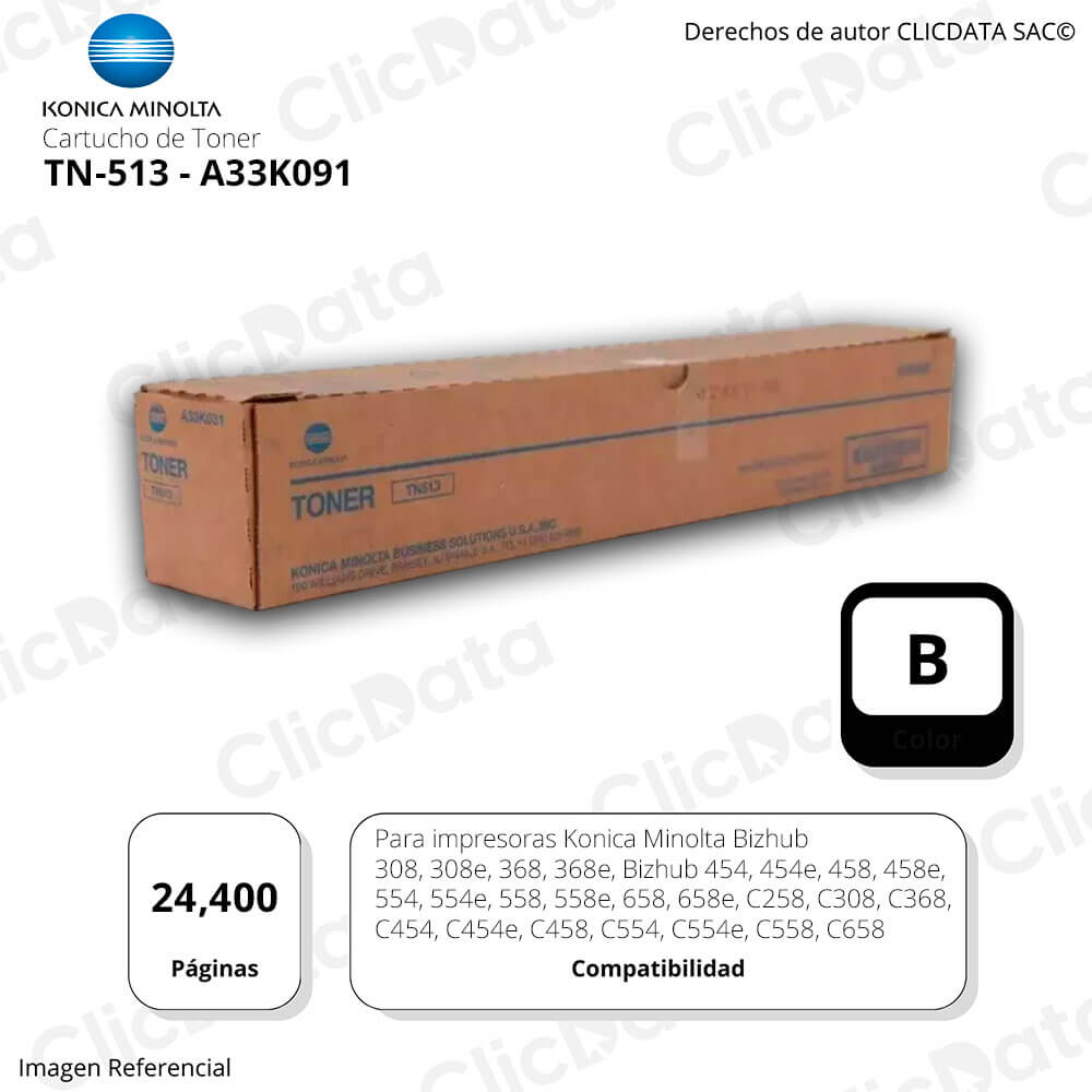 Toner Konica Minolta TN 513 Black A33K091 24,4K Pág. C658, 554e  Original