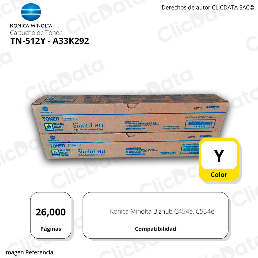 Toner Konica Minolta TN 512Y Yellow 26K Pág. C454e, C554e Original
