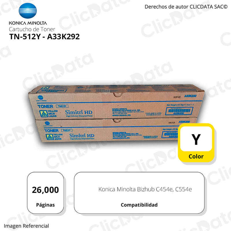 Toner Konica Minolta TN 512Y Yellow 26K Pág. C454e, C554e Original