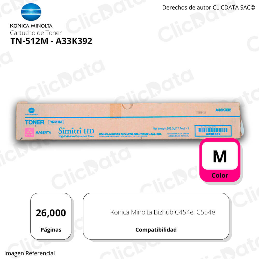 Toner Konica Minolta TN 512M Magenta 26K Pág. C454e, C554e Original