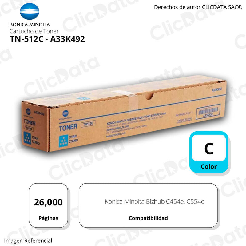 Toner Konica Minolta TN 512C Cyan 26K Pág. C454e, C554e Original