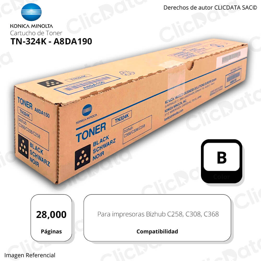 Tóner Konica Minolta TN 324K Negro 28K Pag C258, C368 Original