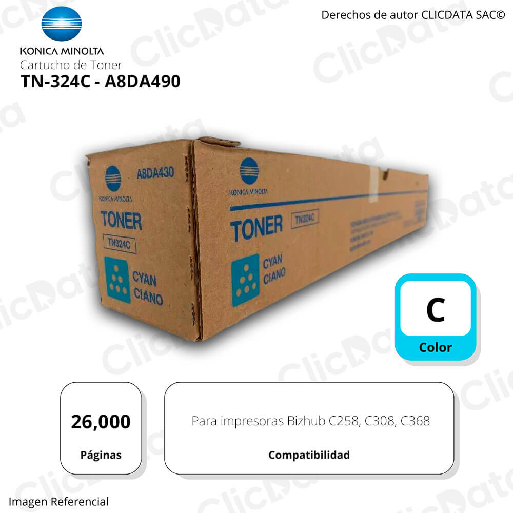 Tóner Konica Minolta TN 324C Cyan 26K Pag C258, C368 original