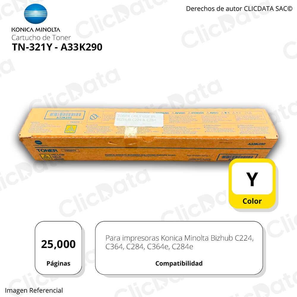 Toner Konica Minolta TN 321Y Yellow 25K Pág. C224, C364e Original