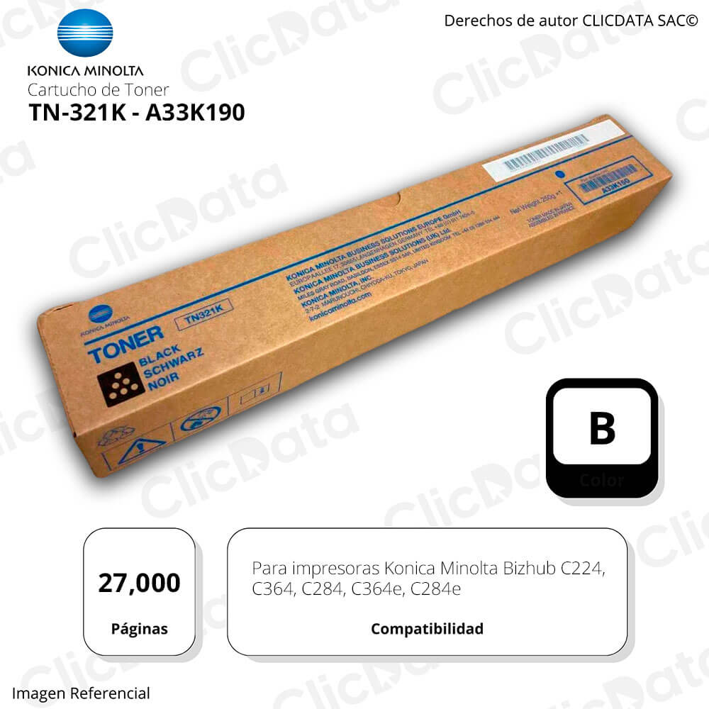 Toner Konica Minolta TN 321K Black 27K Pág. C224, C364e Original