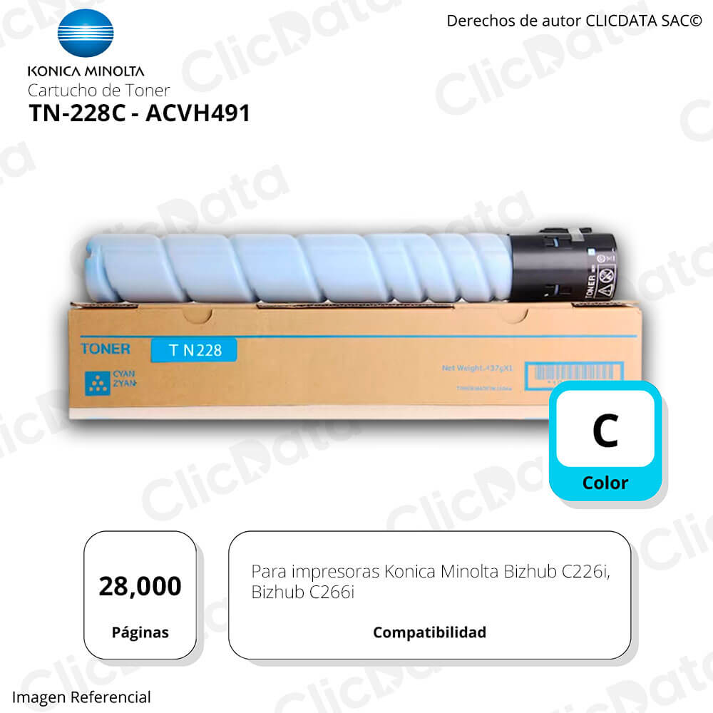 Toner Konica Minolta TN 228C Cyan 28K Pág. C226i, C266i Original