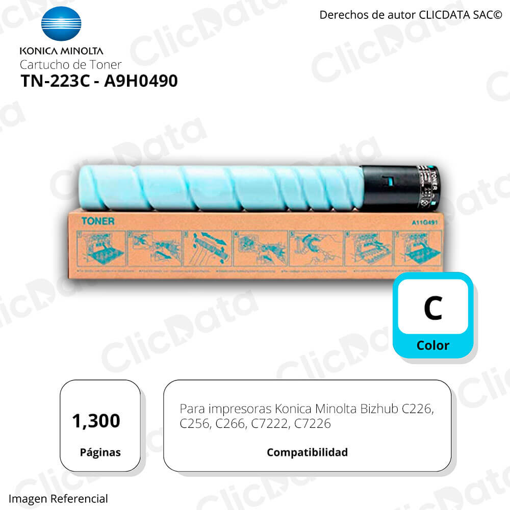 Toner Konica Minolta TN 223C Cyan 1.3K Pag C226, C256 Original