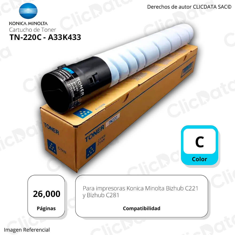 Toner Konica Minolta TN 220C Cyan 26K Pág. C223, C283 Original