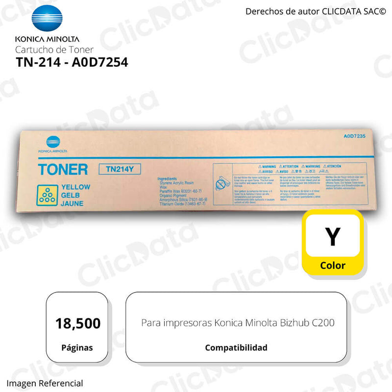 Toner Konica Minolta TN 214Y Yellow 18,500 Pág. C200 Original
