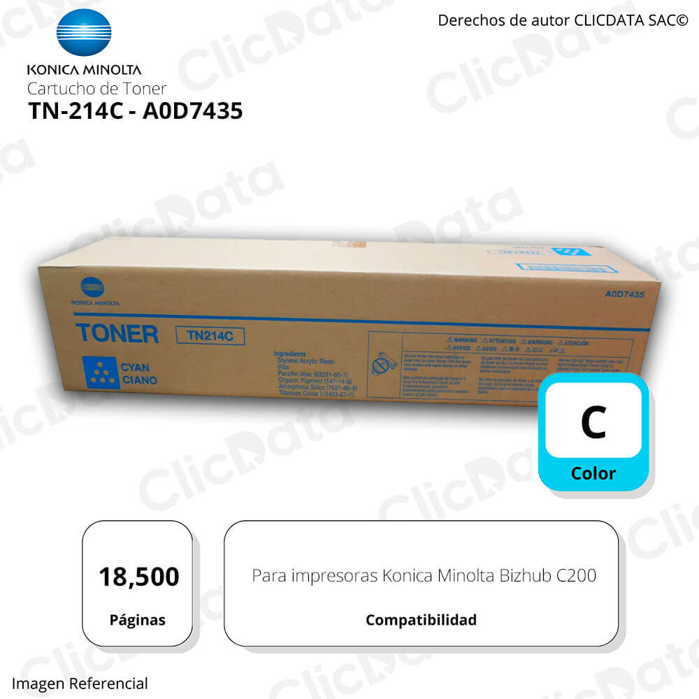Toner Konica Minolta TN 214C Cyan 18,500 Pág. Bizhub C200 Original