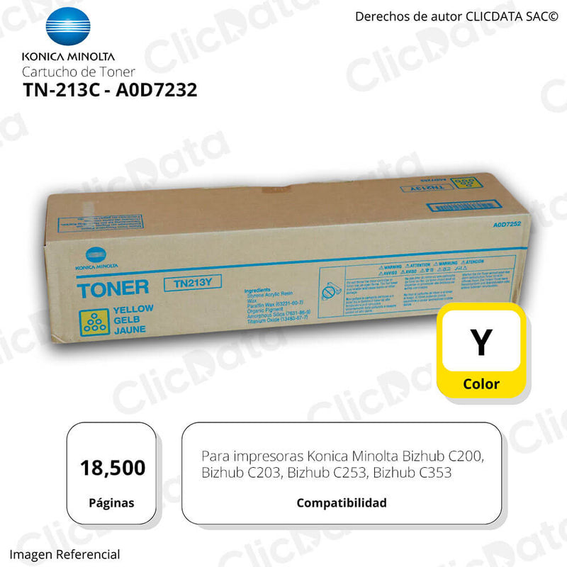 Toner Konica Minolta TN 213Y Yellow 18,500 Pág. C200 Original