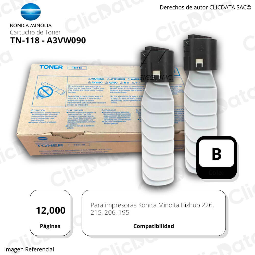 Toner Konica Minolta TN 118 Negro 12,000 pag 195, 226 Original