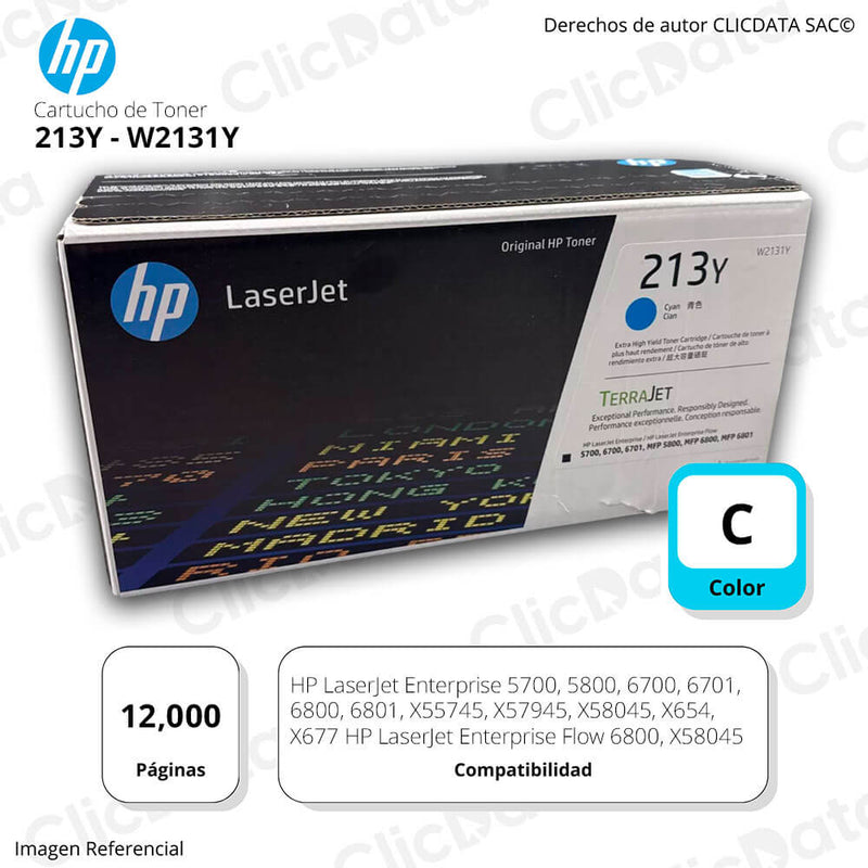 Toner Hp 213Y Cian W2131Y 12.000 Pág. 5700, 6800 Original