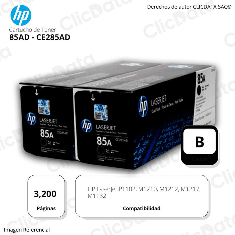 Dual Pack Toner HP 85AD CE285Ad Black 3,200 Pág M1217 Original