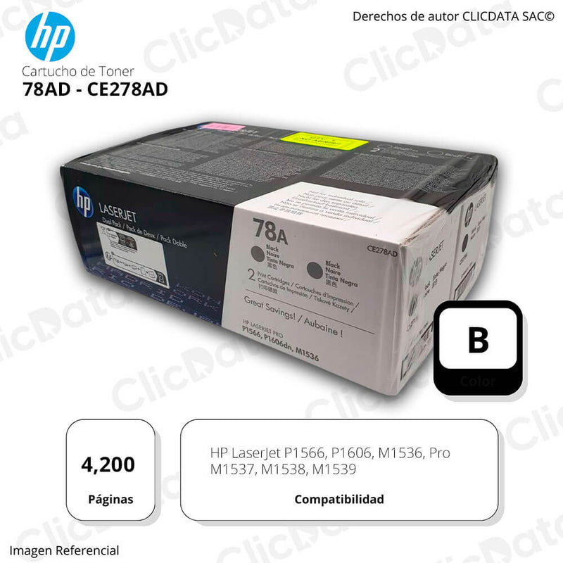 Dual Pack Toner HP 78AD CE278Ad Black 4,200 Pág P1606 Original