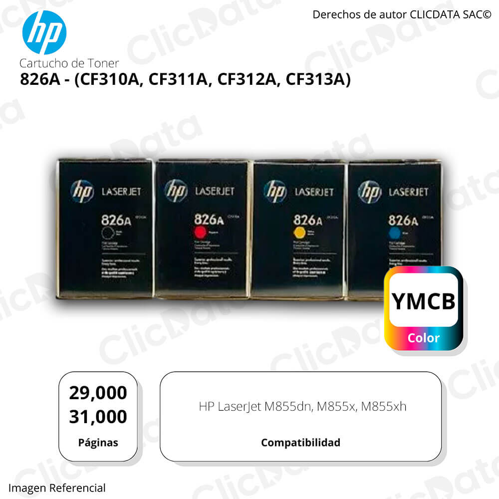 Juego de toner HP 826A Negro y Colores M855xh, M855x Original