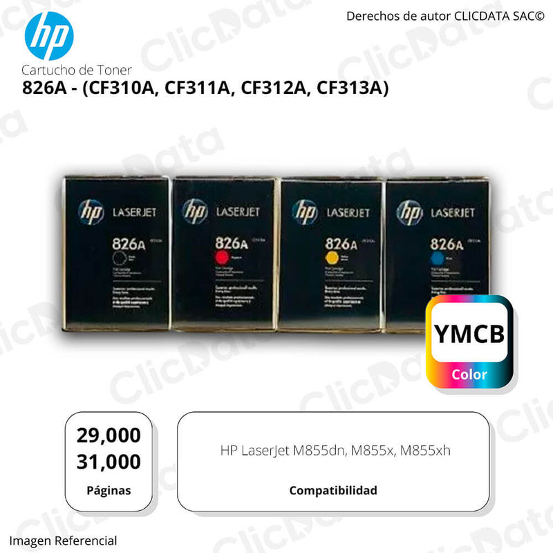 Juego de toner HP 826A Negro y Colores M855xh, M855x Original