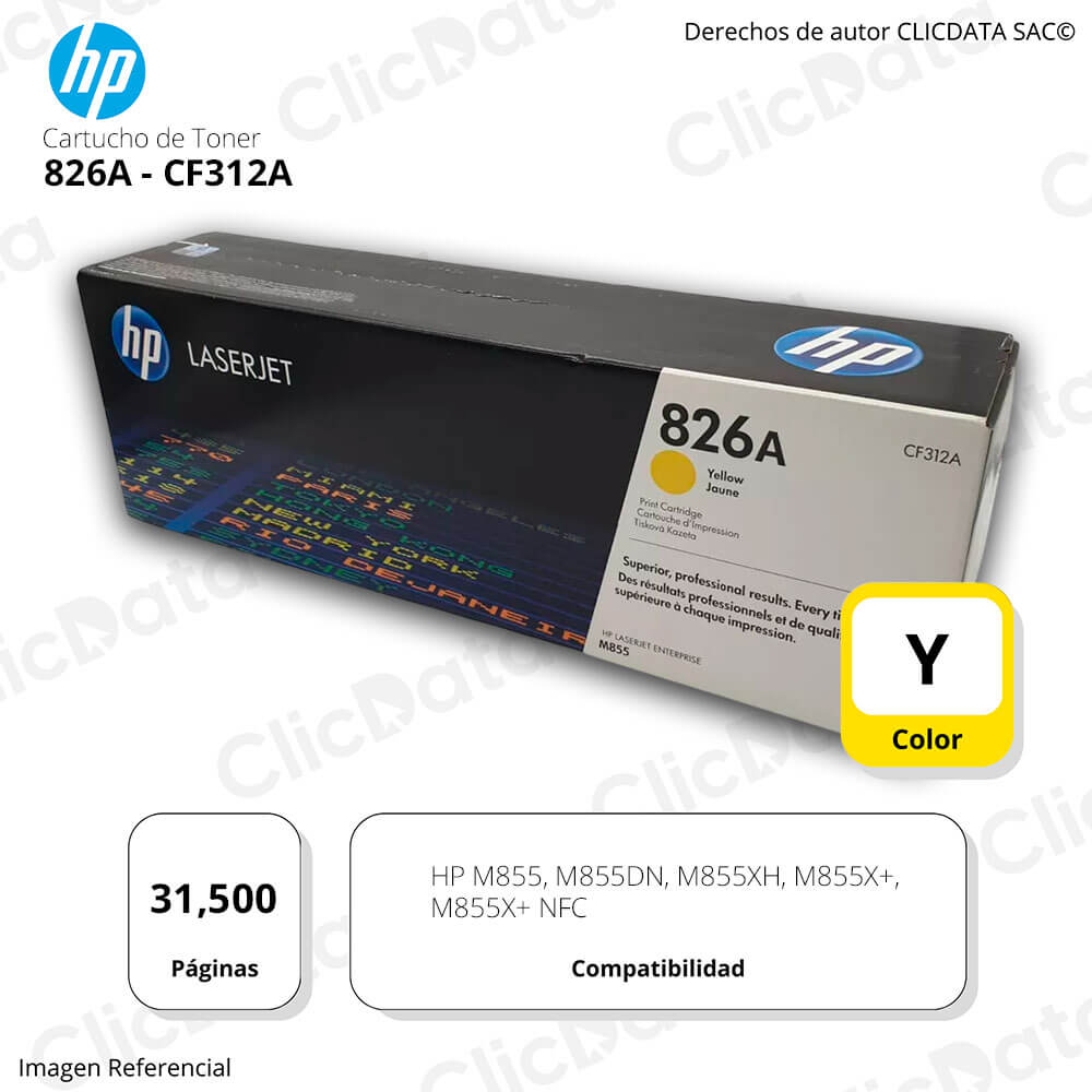 Toner Hp 826A Yellow Cf312A 31,500 Pág. M855xh, M855dn Original