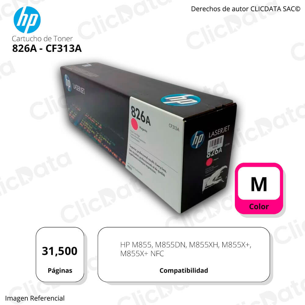 Toner Hp 826A Magenta Cf313A 31,500 Pág. M855xh, M855dn Original