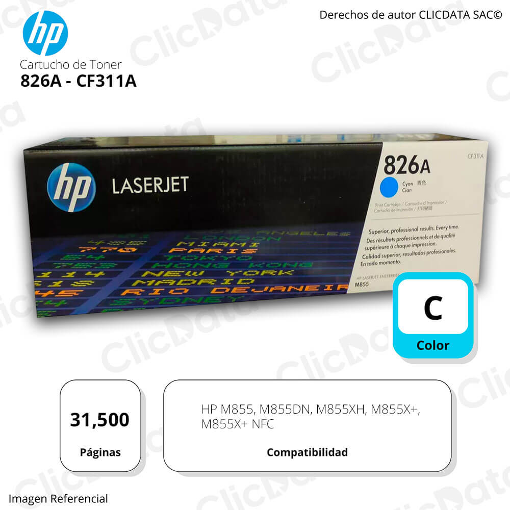 Toner Hp 826A Cyan Cf311A 31,500 Pág. M855xh, M855dn Original