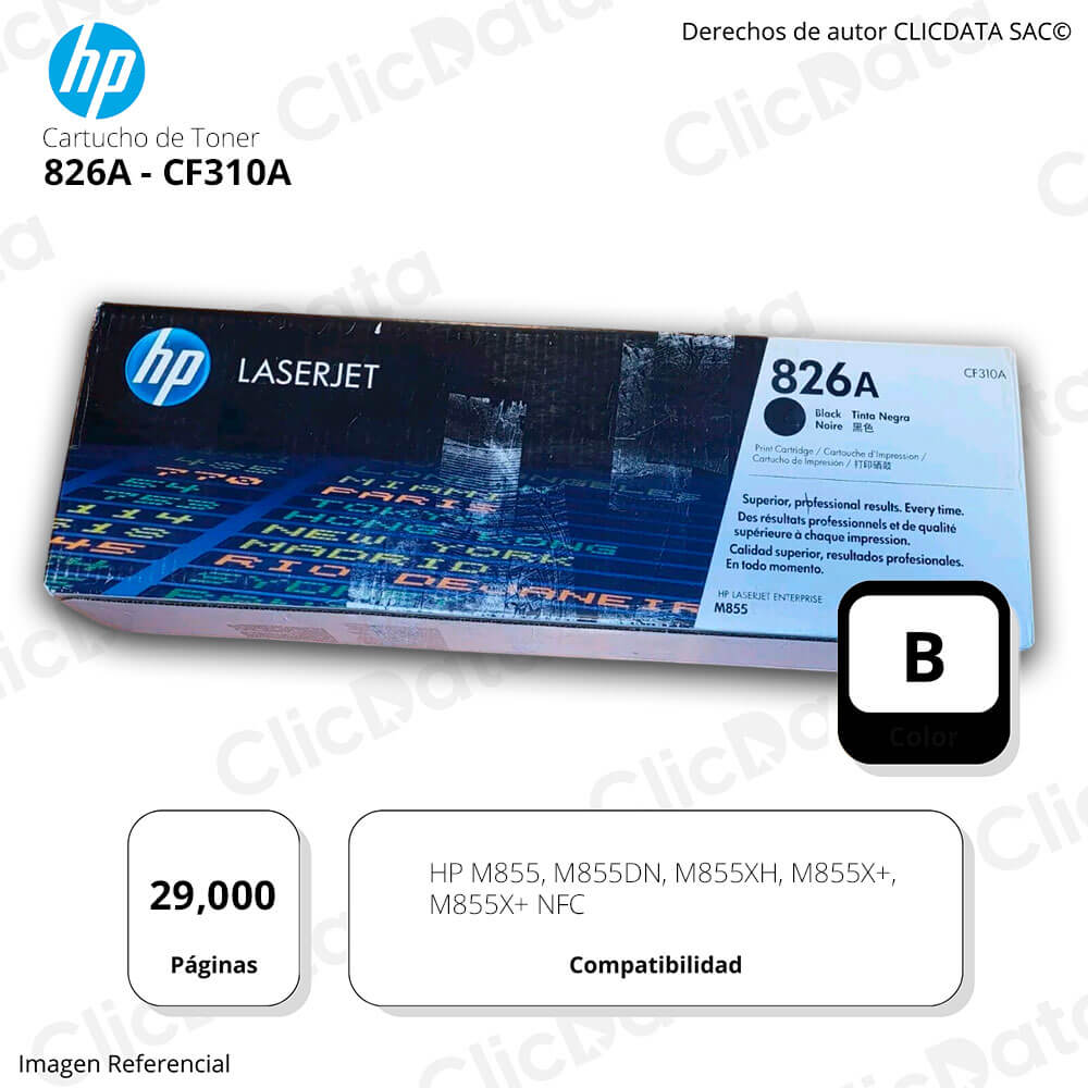 Toner Hp 826A Black Cf310A 29,000 Pág. M855xh, M855dn Original