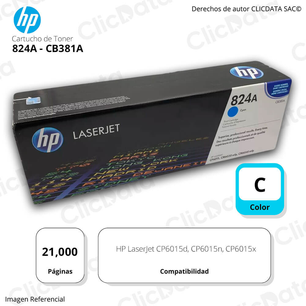 Toner Hp 824A Cyan Cb381A 21,000 Pág. CP6015n Original