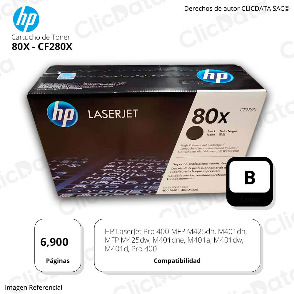 Toner HP 80X Negro Cf280X 6.900 Pág. pro 400, M401 Original
