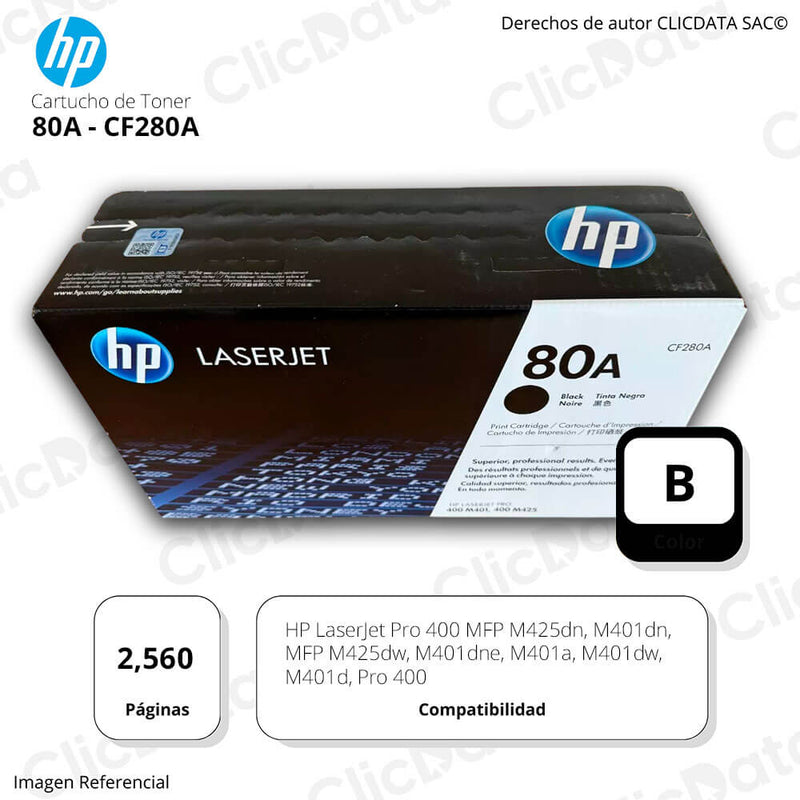Toner Hp 80A Negro Cf280A 2,560 Pág. M401, M400 Original