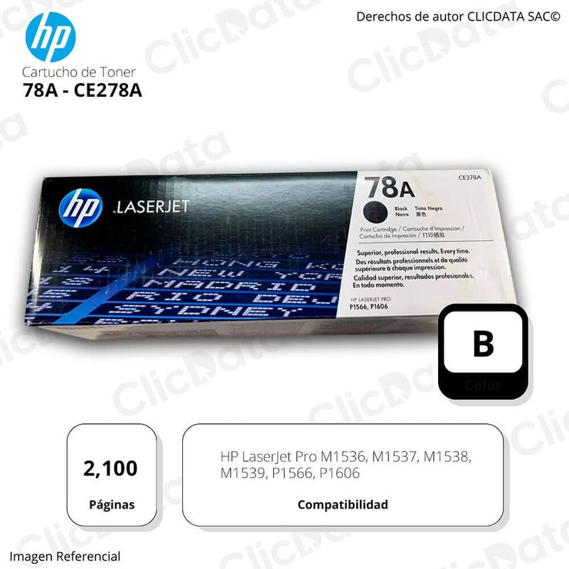 Toner HP 78A Negro CE278A 2,100 Pág. M1536, M1539, P1606 Original