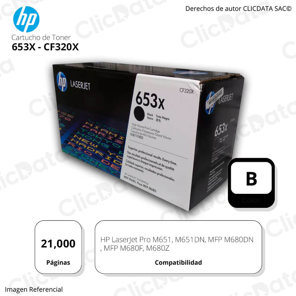 Toner Hp 653X Negro Cf320X 21,000 Pág. M651dn, M680DN Original