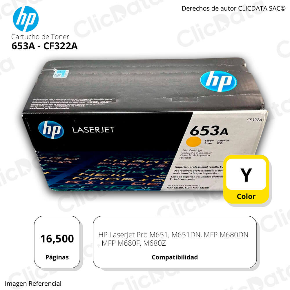 Toner Hp 653A Yellow Cf322A 16,500 Pág. M680f, M680dn Original
