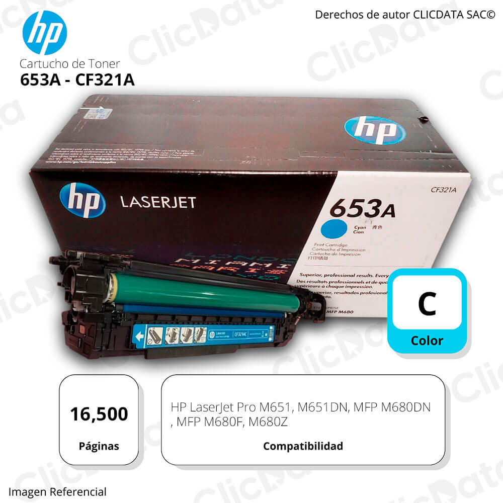 Toner Hp 653A Cyan Cf321A 16,500 Pág. M680f, M680dn Original