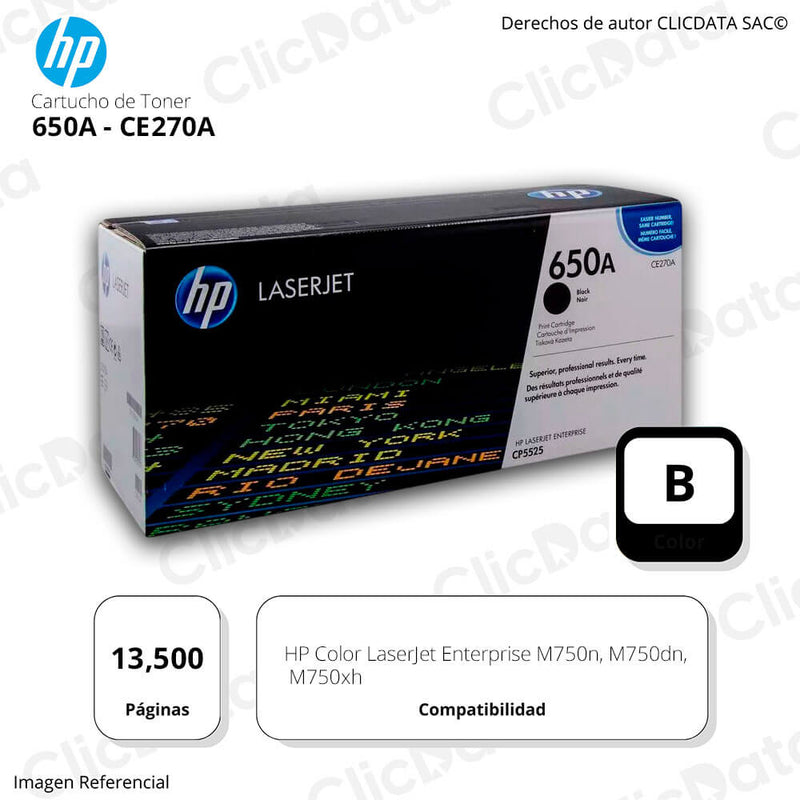 Toner Hp 650A Negro Ce270A 13,500 Pág. M750dn Original