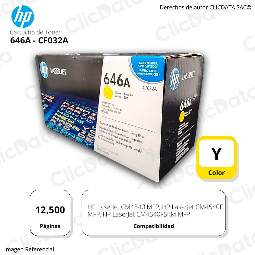 Toner Hp 646A Yellow CF032A 12.500 Pág. HP CM4540F MFP Original