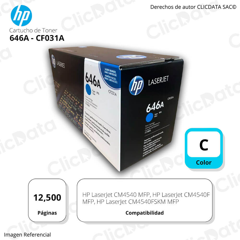 Toner Hp 646A Cyan CF031A 12,500 Pág. HP CM4540F MFP Original