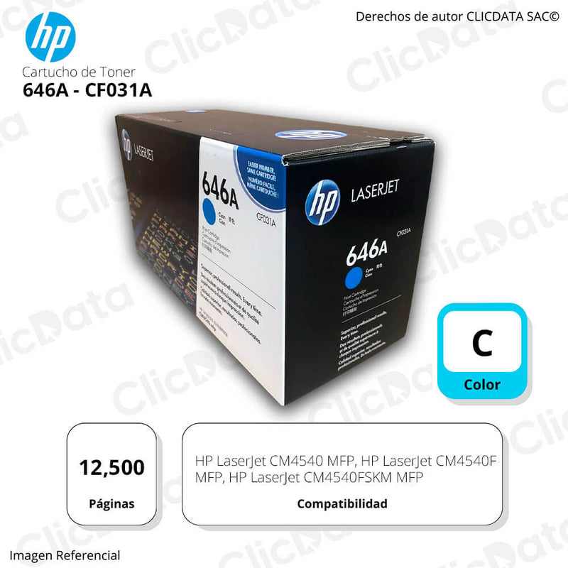 Toner Hp 646A Cyan CF031A 12,500 Pág. HP CM4540F MFP Original