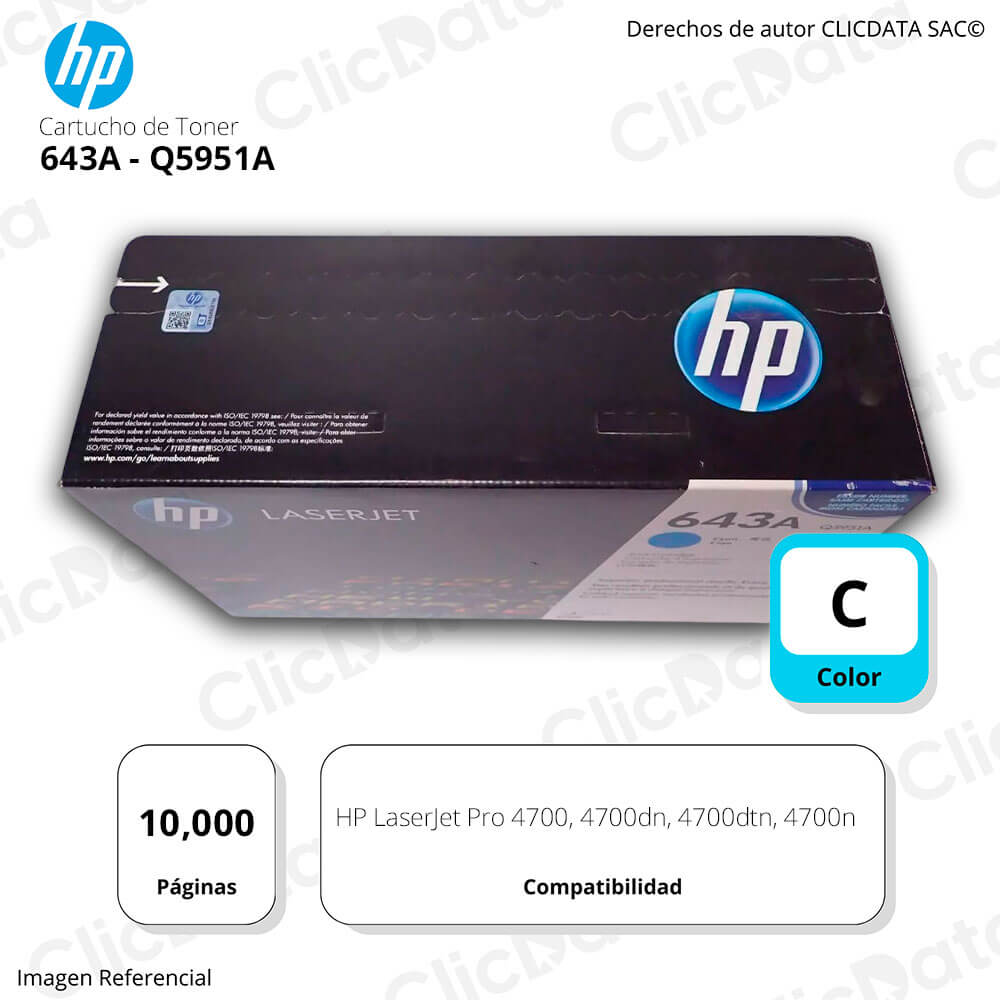 Toner Hp 643A Cyan Q5951A 10,000 Pág. 4700dtn Original